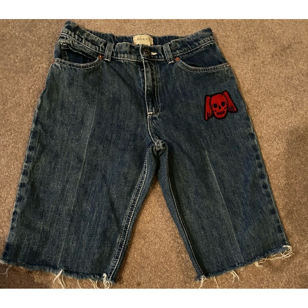 Gucci Kids Denim Jean Shorts Size 10 Adjustable Waste Red Skull "Jorts"